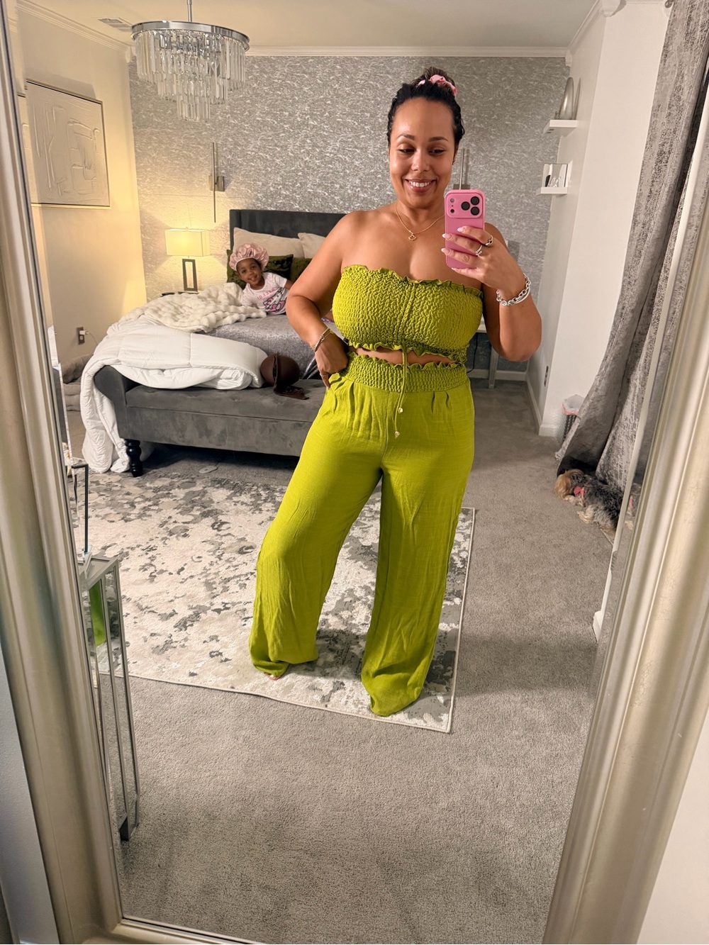 Fashion Nova Lime Green Smocked Wide-Leg Pants